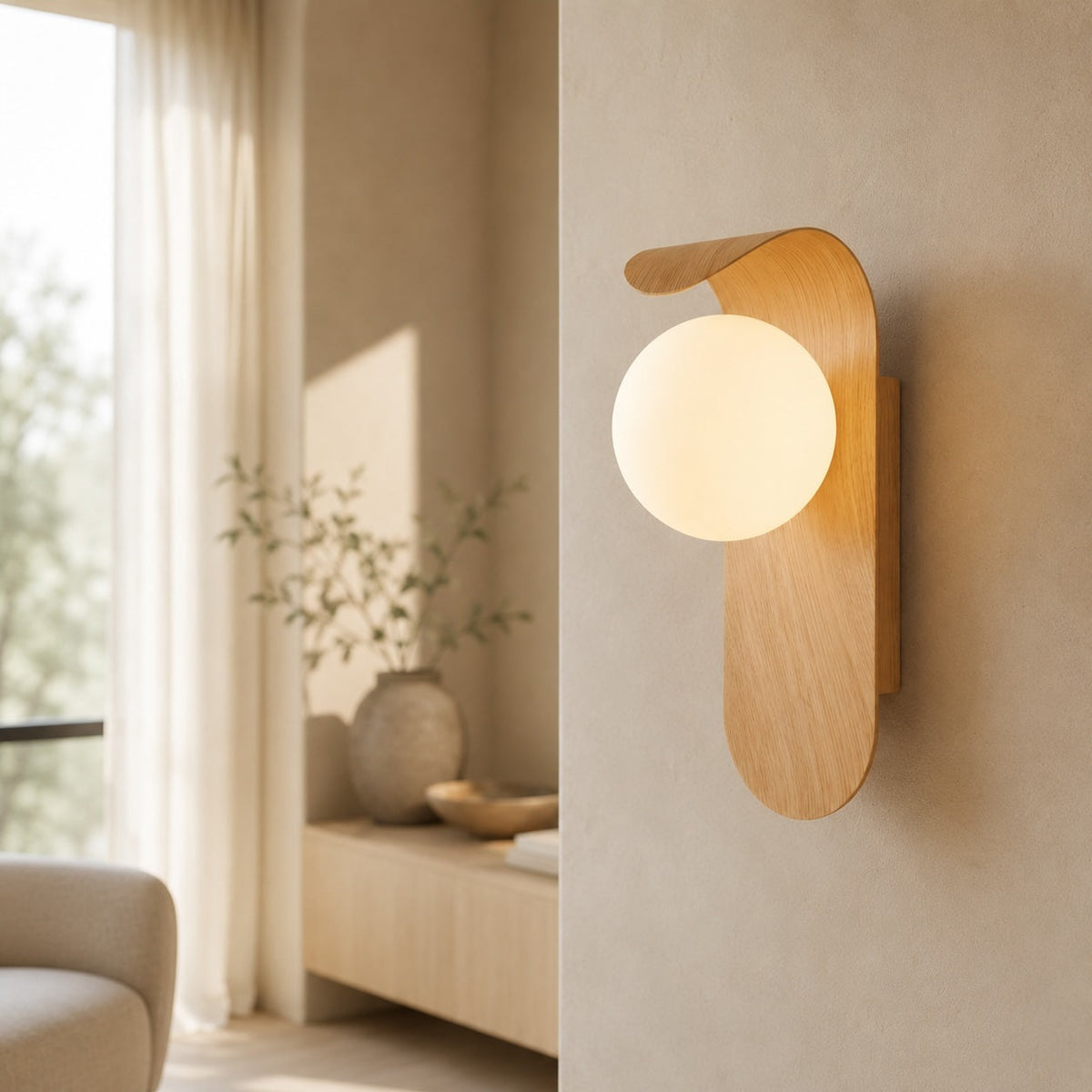 Wandleuchte Holz mit Opalglas Kugel skandinavisch – Montage an der Wand