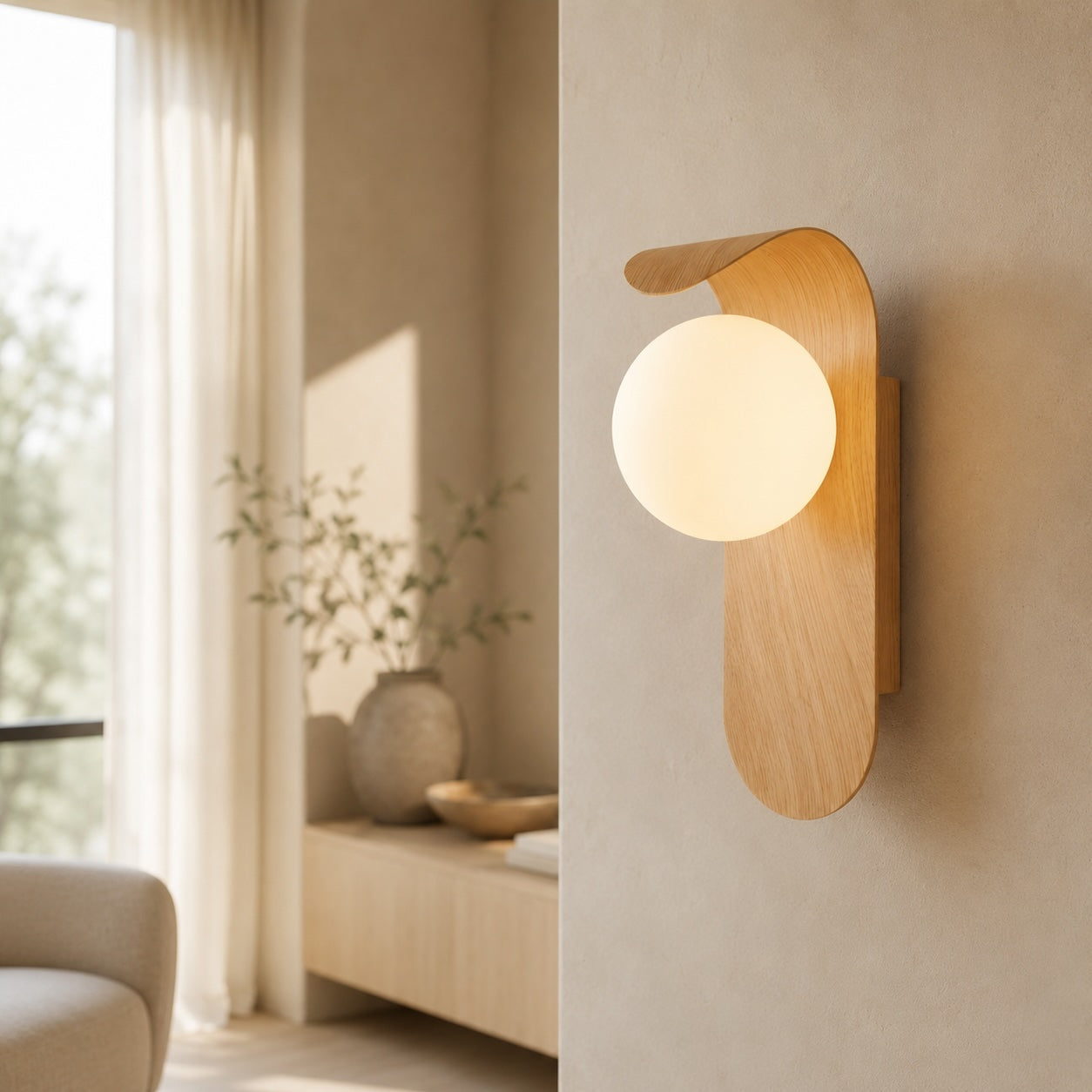 Wandleuchte Holz mit Opalglas Kugel skandinavisch – Montage an der Wand Bild